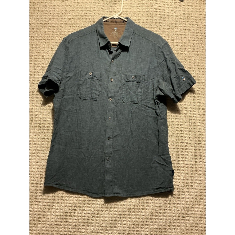 Kuhl Men's Blue L Short Sleeve Button Up Shirt Lien Cotton Blend 7218 Skorpio